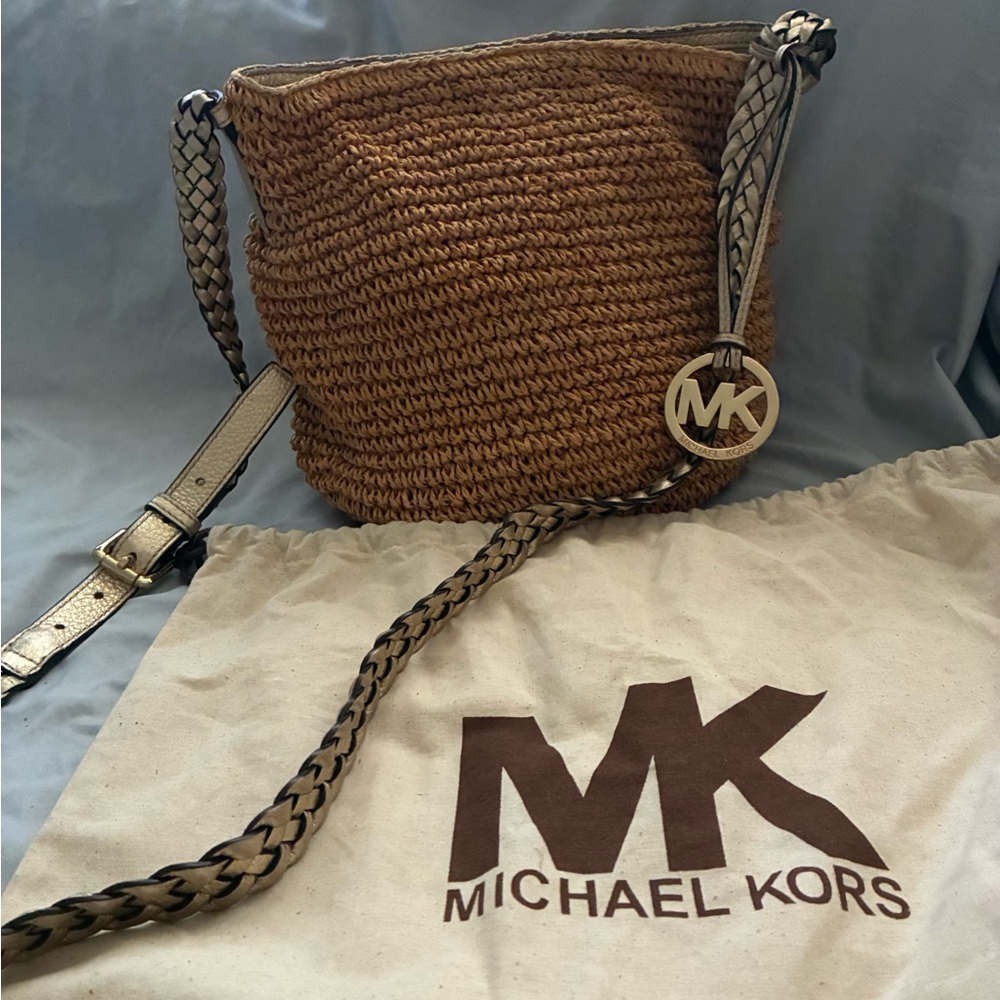 Vintage Michael Kors Tan Woven Crossbody with Gold MK Charm and drawstring bag.
